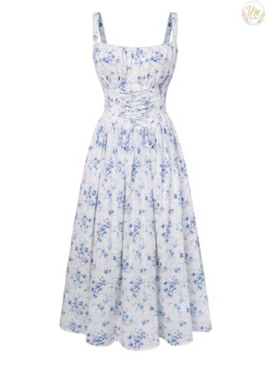 Dresses & Skirts - Floral Chiffon Maxi Dress with Pockets Smocked Corset Waist Wedding Guest